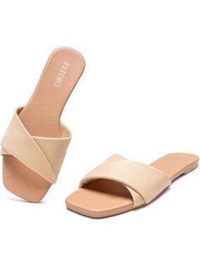 Women's Camel Flat Square Slides With Cross Strap Soft Leather Slippers